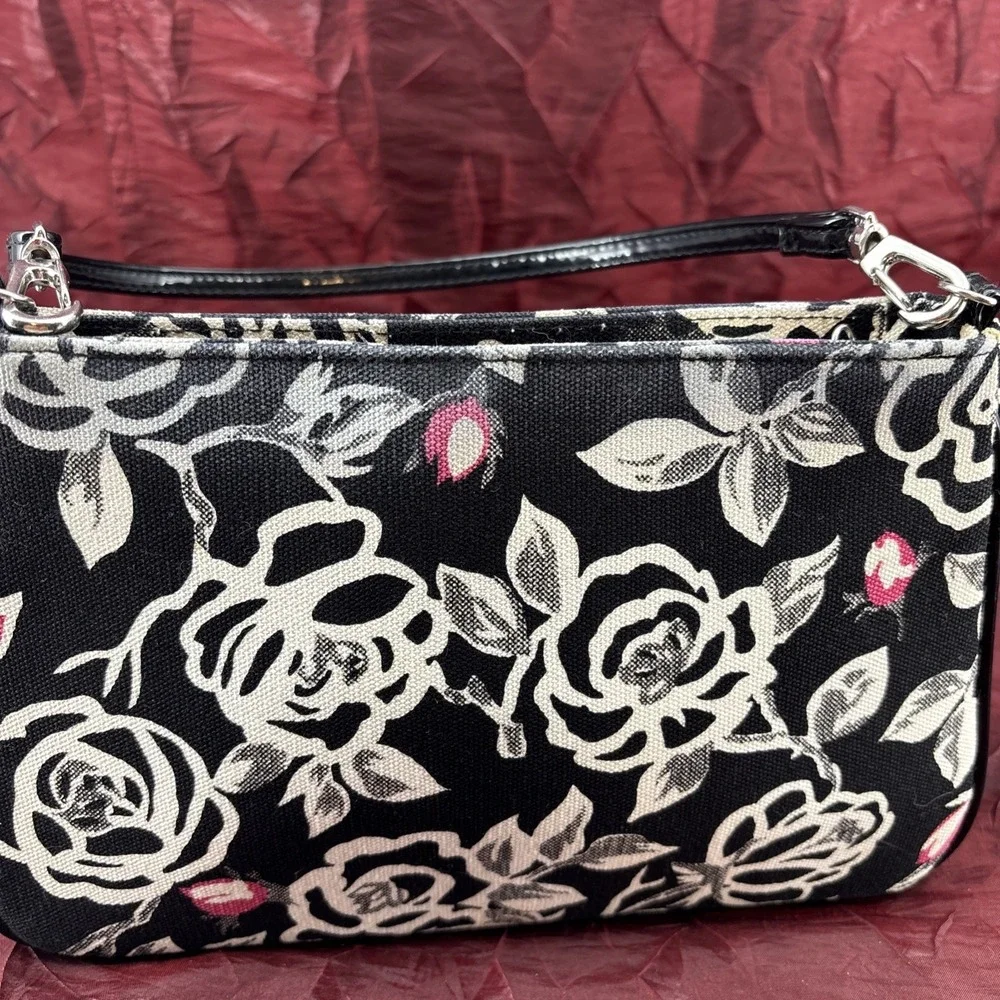 Vintage Lulu Guinness Black White Pink Rosebud Print Baguette Style Handbag  EUC